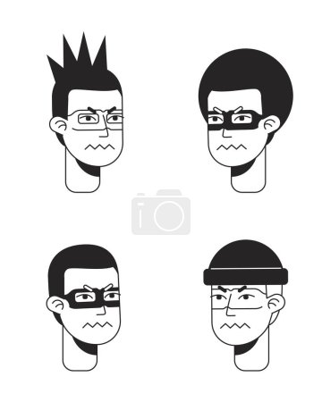 Illustration for Men expressing disgust, anger monochromatic flat vector character faces pack. Black and white avatar icons. Editable cartoon user portraits. Hand drawn spot illustrations for web graphic design - Royalty Free Image