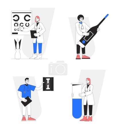 Illustration for Medical care services flat line concept vector spot illustrations pack. Doctors diagnosis 2D cartoon characters on white for web UI design. Editable hero image set for website landings, mobile headers - Royalty Free Image