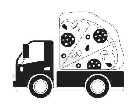 Illustration for Delivery vehicle with pizza monochrome concept vector spot illustration. Editable 2D flat bw cartoon object for web UI design. Fast food service creative linear hero image for landings, mobile headers - Royalty Free Image