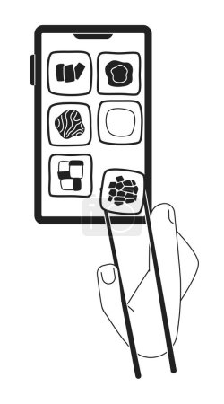 Téléchargez les illustrations : Produktkategorien fast food japonais acheter en ligne monochrome concept vectoriel spot illustration. Editable 2D plat bw bande dessinée première main pour la conception de l'interface utilisateur Web. Image de héros linéaire créative pour les atterrissages, en-têtes mobiles - en licence libre de droit