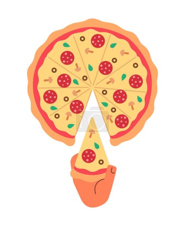 Ilustración de Tomando rebanada de pizza semi plana vector de color primera mano vista. Comer pepperoni de queso hecho a mano. Icono de estilo de dibujos animados editables en blanco. Ilustración simple para diseño gráfico web y animación - Imagen libre de derechos