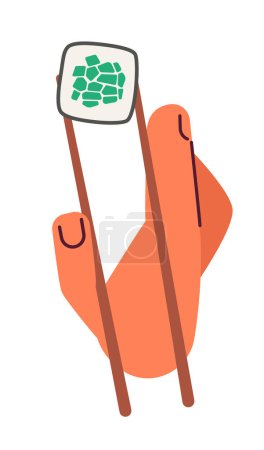 Illustration for Holding sushi maki roll with chopsticks semi flat colour vector first view hand. Eating kappamaki. Editable cartoon style icon on white. Simple spot illustration for web graphic design and animation - Royalty Free Image