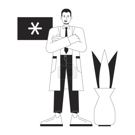 Illustration for Professional doctor bw concept vector spot illustration. Male medical specialist 2D flat line monochromatic cartoon character for web UI design. Editable hero image for landing page, mobile header - Royalty Free Image