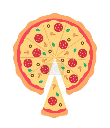 Téléchargez les illustrations : Coupe de pizza pepperoni en tranches objet vecteur semi plat de couleur. Restaurant italien, pizzeria. Icône de style dessin animé modifiable sur blanc. Illustration spot simple pour la conception graphique et l'animation web - en licence libre de droit