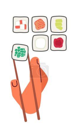 Ilustración de Tomando rollo maki con palillos hacia fuera sushi set semi plana vector de color primera mano vista. Comer comida. Icono de estilo de dibujos animados editables en blanco. Ilustración simple para diseño gráfico web y animación - Imagen libre de derechos