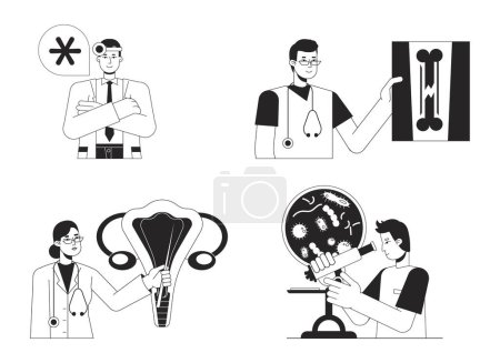 Illustration for Medical treatment bw concept vector spot illustrations pack. Hospital, lab 2D flat line monochromatic cartoon characters on white for web UI design. Editable hero image for landing page, mobile header - Royalty Free Image