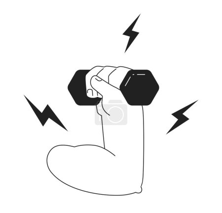 Illustration for Lifting hand weight monochromatic flat vector first view hand. Dumbbell exercise. Grip with lightnings. Editable thin line icon on white. Simple bw cartoon spot image for web graphic design, animation - Royalty Free Image