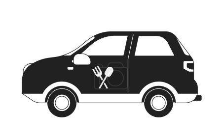 Illustration for Food delivery vehicle monochromatic flat vector object. Catering service. Commercial transport. Editable thin line icon on white. Simple bw cartoon spot image for web graphic design, animation - Royalty Free Image