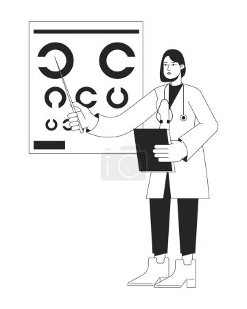 Illustration for Female ophthalmologist with eye chart flat line black white vector character. Editable isolated outline full body person. Simple cartoon style spot illustration for web graphic design, animation - Royalty Free Image
