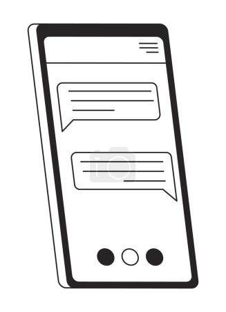 Illustration for Tilted mobile phone with conversation in messenger flat line black white vector object. Editable cartoon style icon. Simple isolated outline spot illustration for web graphic design and animation - Royalty Free Image