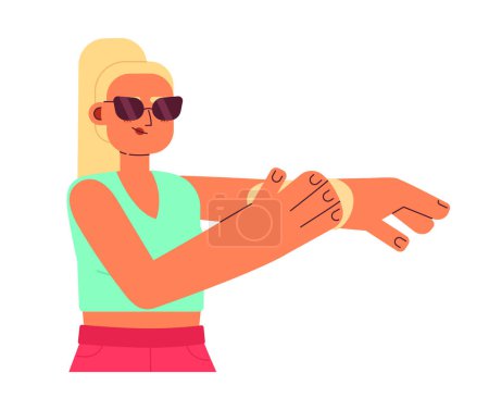 Illustration for Blonde woman applying sun protection semi flat colorful vector character. Using sunscreen. Editable half body person on white. Simple cartoon spot illustration for web graphic design and animation - Royalty Free Image