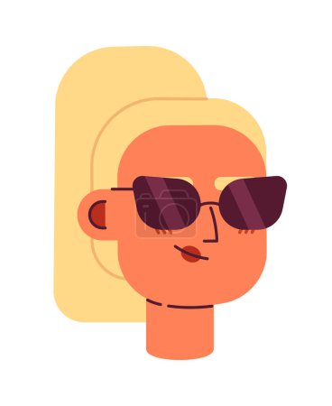 Téléchargez les illustrations : Cool dame blonde avec des lunettes de soleil tête de personnage vecteur semi plat. Émotion de visage de style dessin animé modifiable. Icône avatar coloré simple. Illustration ponctuelle pour la conception graphique et l'animation web - en licence libre de droit