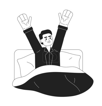 Illustration for Happy man waking up in bed monochromatic flat vector character. Feel refreshed after sleep. Editable thin line half body person on white. Simple bw cartoon spot image for web graphic design, animation - Royalty Free Image