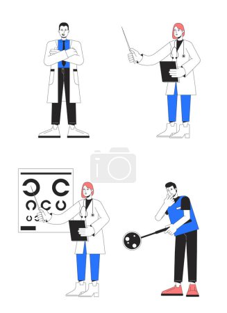 Illustration for Different medical specialists flat line color vector characters set. Editable simple outline full body people on white. Hospital cartoon spot illustration pack for web graphic design and animation - Royalty Free Image