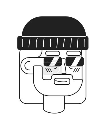 Ilustración de Envejecimiento hipster con gafas de sol monocromáticas cabeza de personaje vector plano. Abuelo. Editable negro blanco cara de dibujos animados emoción. Ilustración de punto de tinta lineal dibujada a mano para diseño gráfico web, animación - Imagen libre de derechos