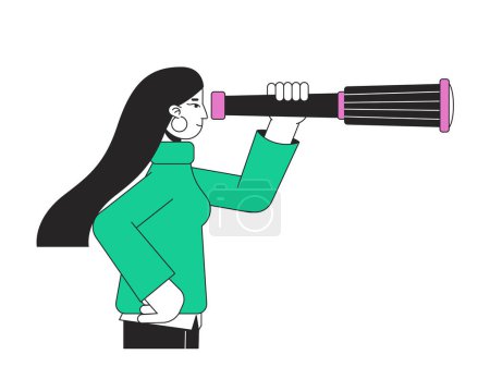 Illustration for Woman looking at monocular telescope flat line color vector character. Editable simple outline half body person on white. Strategic vision cartoon spot illustration for web graphic design, animation - Royalty Free Image