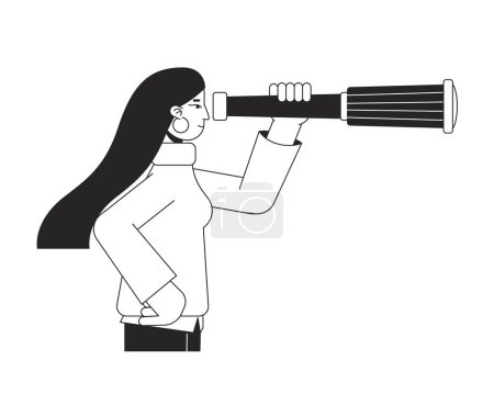 Téléchargez les illustrations : Femme regardant télescope monoculaire ligne plate noir blanc personnage vecteur. Contour isolé modifiable. Vision stratégique illustration de spot de style dessin animé simple pour la conception graphique web, animation - en licence libre de droit