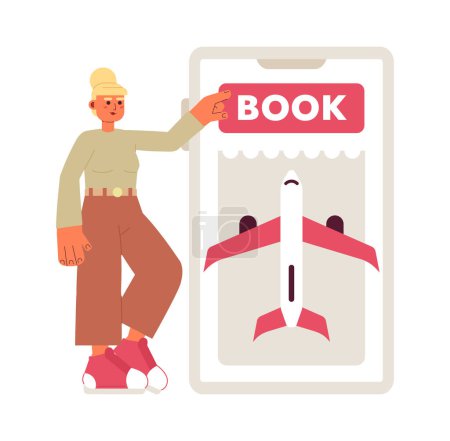 Illustration for Booking flight over phone flat concept vector spot illustration. Editable 2D cartoon character on white for web UI design. Passenger purchasing ticket creative hero image. Jost Extrabold font used - Royalty Free Image