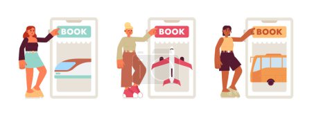 Illustration for Book ticket online app flat concept vector spot illustration set. Editable 2D cartoon characters on white for web UI design. Passenger with phone creative hero image pack. Jost Extrabold font used - Royalty Free Image