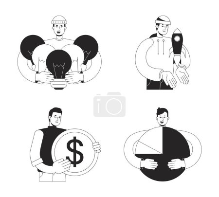 Illustration for Startup pre launch strategy bw concept vector spot illustrations pack. Plan 2D cartoon flat line monochromatic characters for web UI design. Editable hero images set for landing page, mobile header - Royalty Free Image