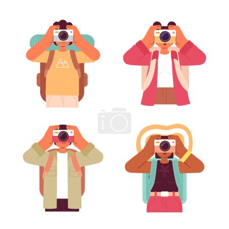 Ilustración de Los turistas capturar recuerdos de viaje con la cámara semi plana colorido vector personajes conjunto. Gente de medio cuerpo editable en blanco. Paquete de ilustración de punto de dibujos animados simples para diseño gráfico web, animación - Imagen libre de derechos
