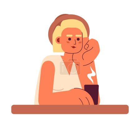 Illustration for Female traveler sitting with hand on cheek and drinking tea semi flat colorful vector character. Editable half body person on white. Simple cartoon spot illustration for web graphic design, animation - Royalty Free Image