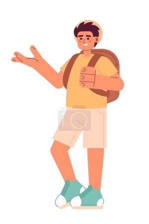 Ilustración de Turista masculino viajando con mochila semi plana colorido carácter vectorial. Viaje de graduación. Persona de cuerpo completo editable en blanco. Ilustración simple de dibujos animados para el diseño gráfico web y la animación - Imagen libre de derechos