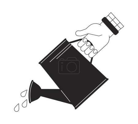 Illustration for Watering with sprinkling can flat line black white vector first view hand. Pouring water. Editable cartoon style icon. Simple isolated outline spot illustration for web graphic design and animation - Royalty Free Image