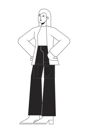 Illustration for Successful female entrepreneur flat line black white vector character. Editable isolated outline full body person. Owner simple cartoon style spot illustration for web graphic design, animation - Royalty Free Image