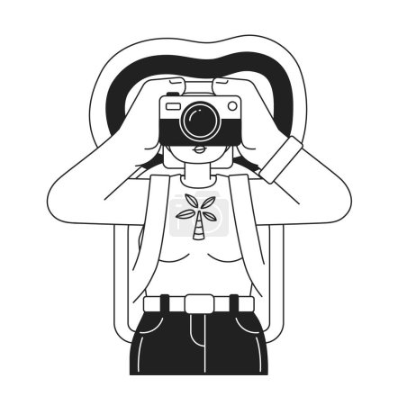 Illustration for Female traveler capturing holiday memories on camera monochromatic flat vector character. Editable thin line half body person on white. Simple bw cartoon spot image for web graphic design, animation - Royalty Free Image