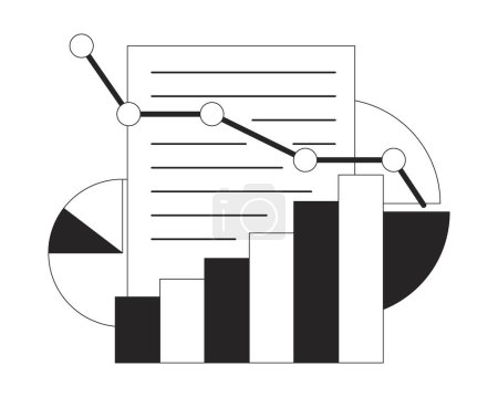 Illustration for Sales growth planning flat line black white vector icon. Line graphs with pie charts. Editable cartoon style concept. Simple isolated outline spot illustration for web graphic design and animation - Royalty Free Image