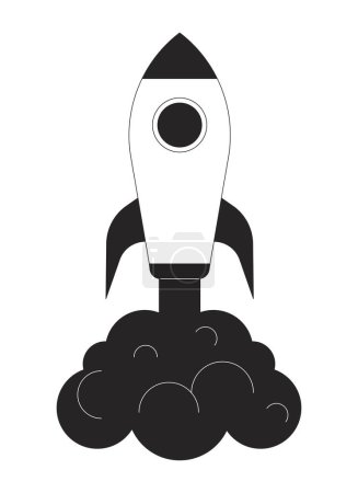 Illustration for Launching rocket with dark smoke flat line black white vector object. Spacecraft. Editable cartoon style icon. Simple isolated outline spot illustration for web graphic design and animation - Royalty Free Image
