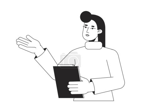 Illustration for Female counselor with clipboard flat line black white vector character. Editable isolated outline half body person. Instructor simple cartoon style spot illustration for web graphic design, animation - Royalty Free Image