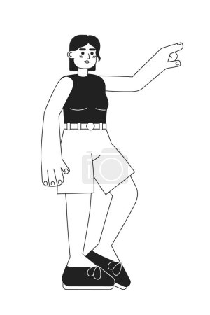 Illustration for Female adventure traveler pointing with finger monochromatic flat vector character. Editable thin line full body person on white. Simple bw cartoon spot image for web graphic design, animation - Royalty Free Image