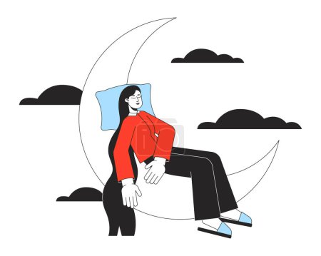 Illustration for Healthy sleep hygiene flat line concept vector spot illustration. Woman napping on crescent 2D cartoon outline character on white for web app UI design. Mental wellbeing editable colorful hero image - Royalty Free Image