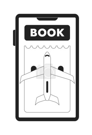 Illustration for Booking plane ticket online on mobile phone monochrome concept vector spot illustration. Editable 2D flat bw cartoon object for web UI design. Cheap flight linear hero image. Jost Extrabold font used - Royalty Free Image