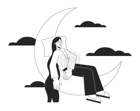 Illustration for Healthy sleep hygiene bw concept vector spot illustration. Woman napping on crescent 2D cartoon flat line monochromatic character for web app UI design. Mental wellbeing editable outline hero image - Royalty Free Image