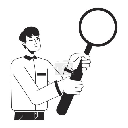 Ilustración de Hombre curioso en camisa formal con lupa plana línea negra vector blanco carácter. Editable aislado contorno medio cuerpo persona. Ilustración simple del punto de la historieta para el diseño gráfico web, animación - Imagen libre de derechos