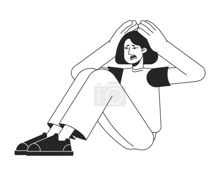 Illustration for Shocked girl sitting and holding head flat line black white vector character. Editable isolated outline full body person. Simple cartoon style spot illustration for web graphic design, animation - Royalty Free Image