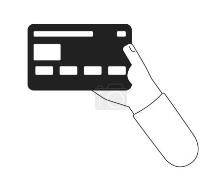 Illustration for Holding credit card monochromatic flat vector first view hand. Payment for shopping. Customer money. Editable thin line icon on white. Simple bw cartoon spot image for web graphic design, animation - Royalty Free Image