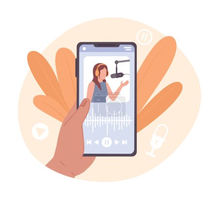 Illustration for Using podcast hosting service on smartphone flat concept vector spot illustration. Editable 2D cartoon character on white for web design. Hand holding phone creative idea for website, mobile app - Royalty Free Image