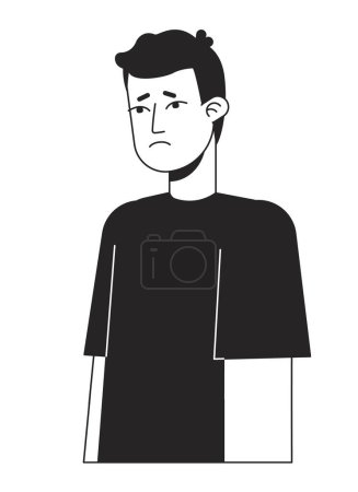 Illustration for Unhappy man feeling loneliness flat line black white vector character. Editable isolated outline half body person. Mood simple cartoon style spot illustration for web graphic design, animation - Royalty Free Image