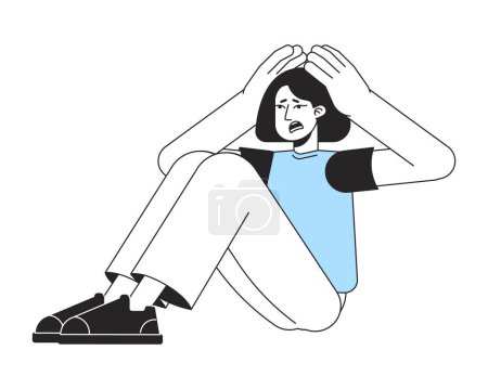 Illustration for Shocked girl sitting and holding head flat line color vector character. Editable simple outline full body person on white. Headache issue cartoon spot illustration for web graphic design and animation - Royalty Free Image