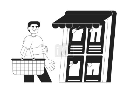 Illustration for Shopping in online men clothing store monochrome concept vector spot illustration. Editable 2D flat bw cartoon character for web UI design. Guy with basket choosing on internet hand drawn hero image - Royalty Free Image