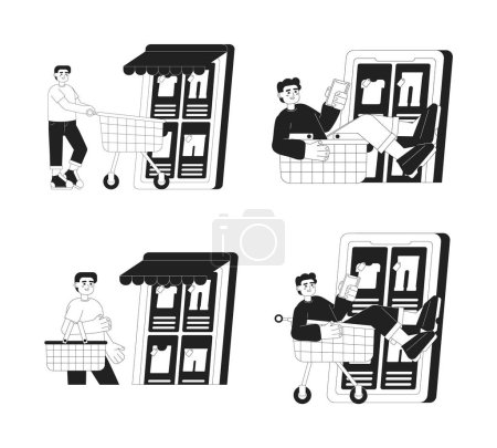 Illustration for Clothing app for shopping through mobile monochrome concept vector spot illustration set. Editable 2D flat bw cartoon characters for web UI design. Customers with carts hand drawn hero image pack - Royalty Free Image
