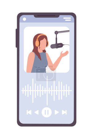 Illustration for Playing podcast episode on smartphone semi flat color vector device screen. Editable icon. Full sized element on white. Simple cartoon style spot illustration for web graphic design and animation - Royalty Free Image