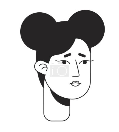 Illustration for Dejected student girl with space buns flat line monochromatic vector character head. Heartbroken. Editable outline avatar icon. 2D cartoon line spot illustration for web graphic design, animation - Royalty Free Image