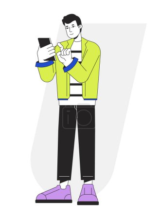 Illustration for Smiling man dialing number on cellphone to call flat line vector spot illustration. Gadget guy 2D cartoon outline character on white for web UI design. Editable isolated colorful hero image - Royalty Free Image