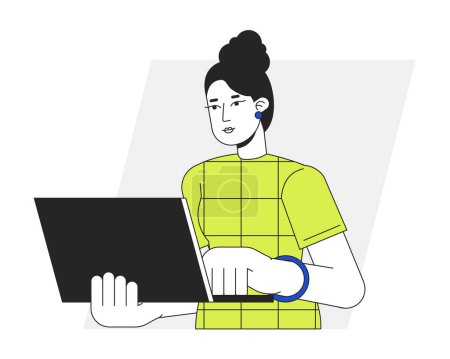 Ilustración de Mujer usando el ordenador portátil en la oficina plana línea vector spot ilustración. Administrador de tareas femenino escribiendo en el teclado 2D dibujar el carácter del contorno en blanco para el diseño de la interfaz de usuario web. Editable imagen de héroe colorido aislado - Imagen libre de derechos