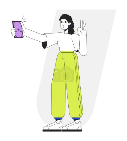 Ilustración de Chica milenaria tomando selfie cuerpo completo línea plana vector punto ilustración. Adolescente posando en la cámara del teléfono 2D personaje de dibujos animados en blanco para el diseño de la interfaz de usuario web. Editable imagen de héroe colorido aislado - Imagen libre de derechos